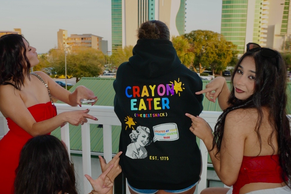 Group of women on a rooftop with city skyline in the background